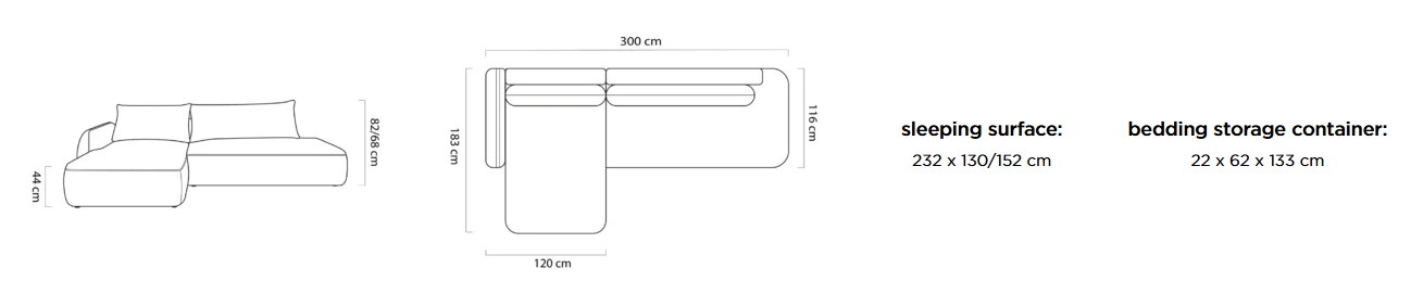 Sedacia súprava SOLIS S – rozmery 300 x 183 cm, spacia plocha 232 x 130 cm